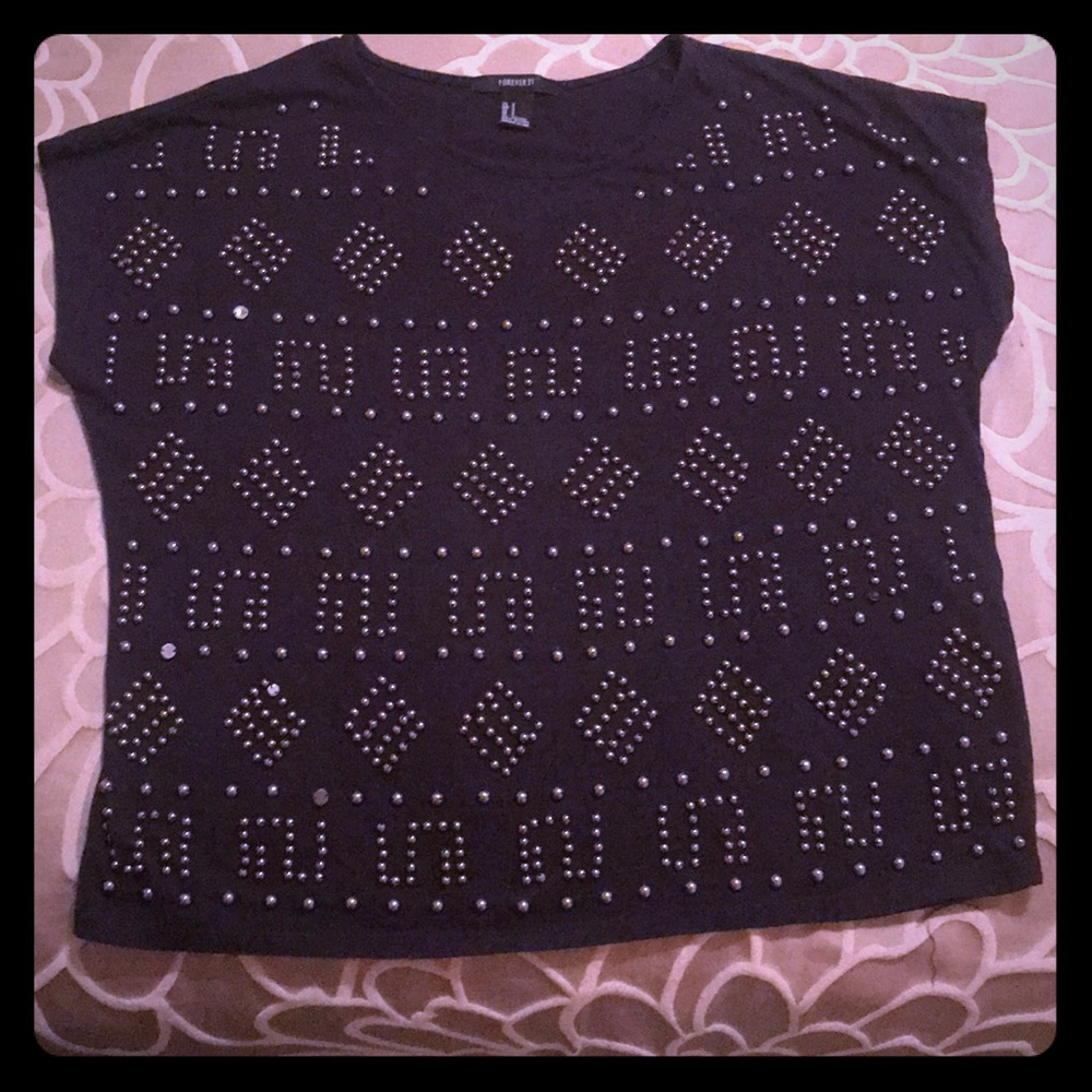 Beaded navy blue Forever 21 shirt - Picture 2 of 5
